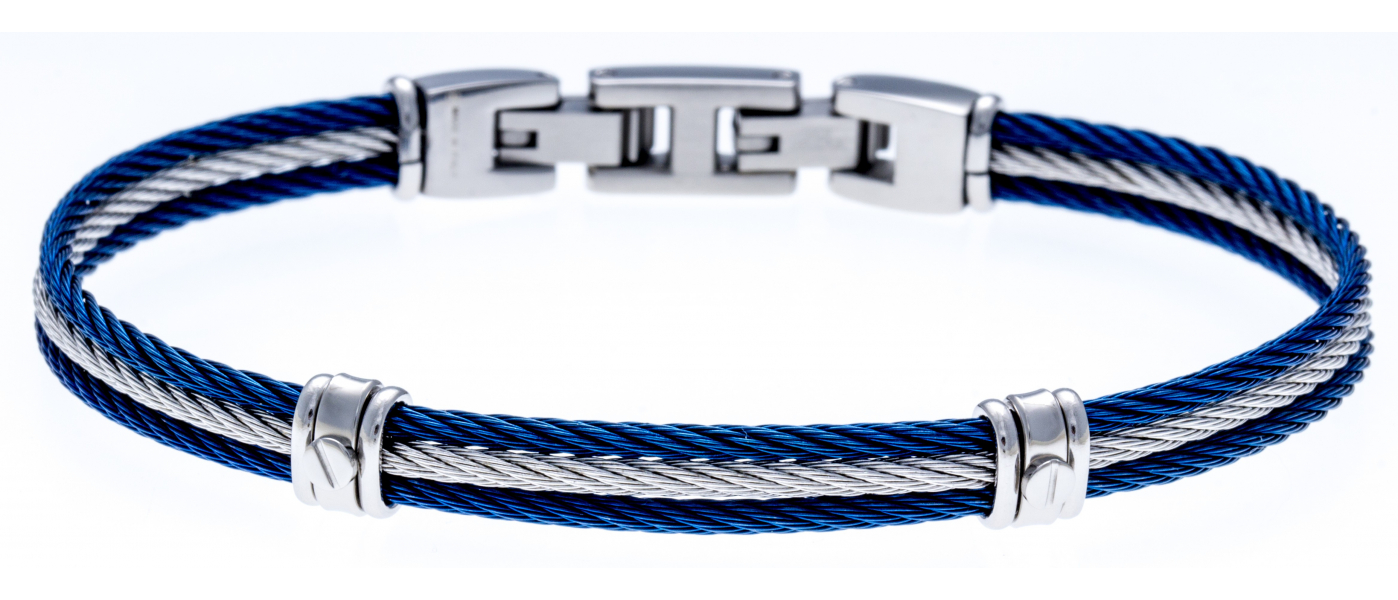 Bracelet acier - 3 cables acier - corde nautique bleu - 19,5+1,5cm -  réglable