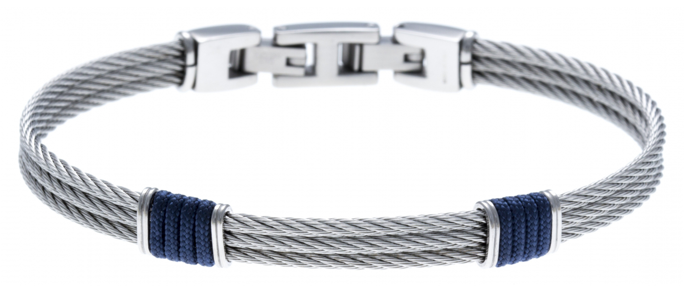 Bracelet acier - 3 cables acier - corde nautique bleu - 19,5+1,5cm