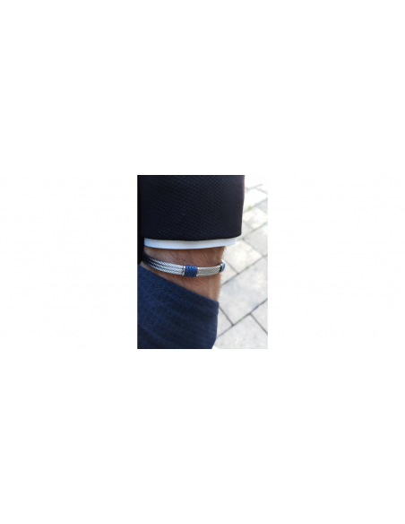 Bracelet acier - 3 cables acier - corde nautique bleu - 19,5+1,5cm -  réglable