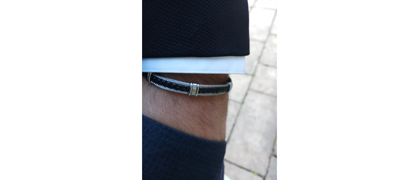 Bracelet 2 câbles acier et cuir tressé italien noir - Ocarat