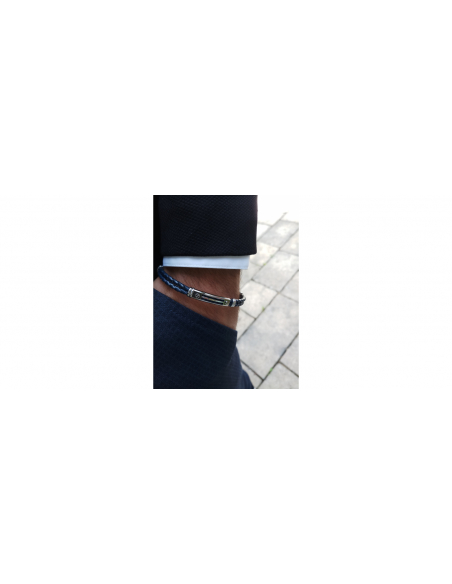 Bracelet acier, cuir tressé bleu et noir italien - Apollon - Ocarat