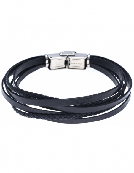 Bracelet homme Apollon, acier et cuir italien marron Longueur 21,5 cm 3  rangs de cuirs, tressé, liss