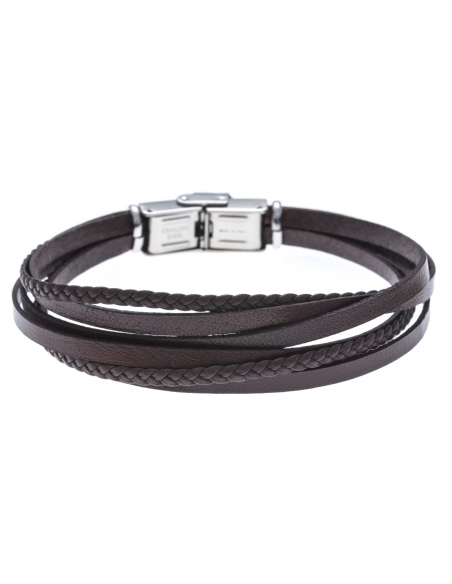 Bracelet acier - cuir marron italien - plaque et composants acier - 21,5cm