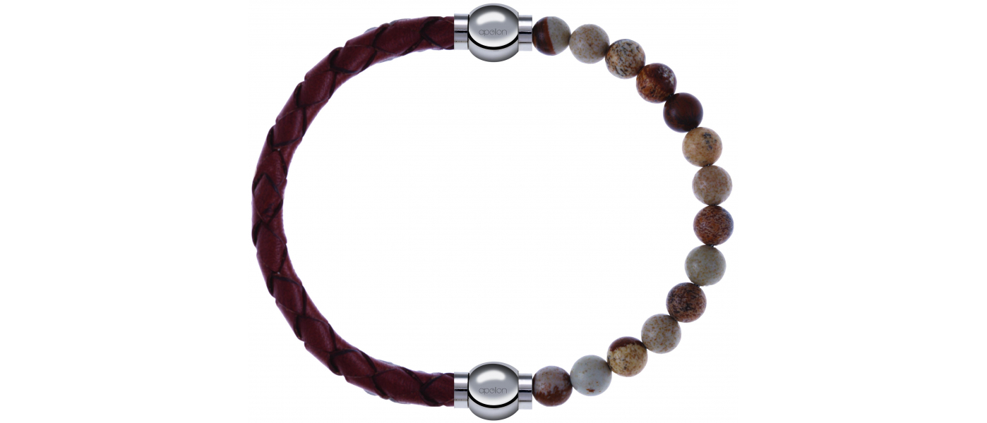 Bracelet acier - cuir rouge italien tressé - agate marron - 19+4cm